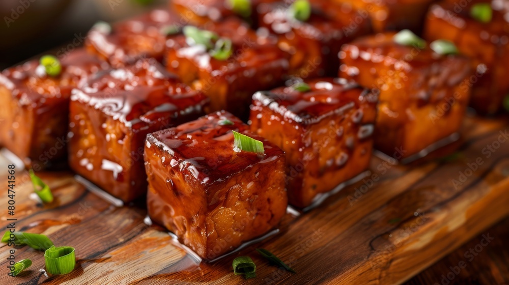 Delicious glazed tofu cubes with scallion garnish on wooden board Delicious glazed tofu cubes with scallion garnish on wooden board