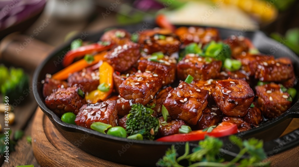 Delicious Asian-style sweet and sticky BBQ seitan with vegetables in skillet