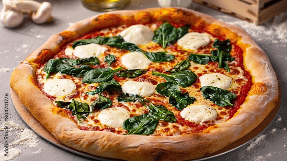 Pizza with mozzarella, tomato sauce, spinach on a thick dough. Generative Ai Pizza with mozzarella, tomato sauce, spinach on a thick dough. Generative Ai