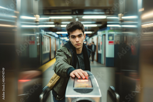 Young man leaning on subway station turnstile, trains blurred in motion, looking intently.