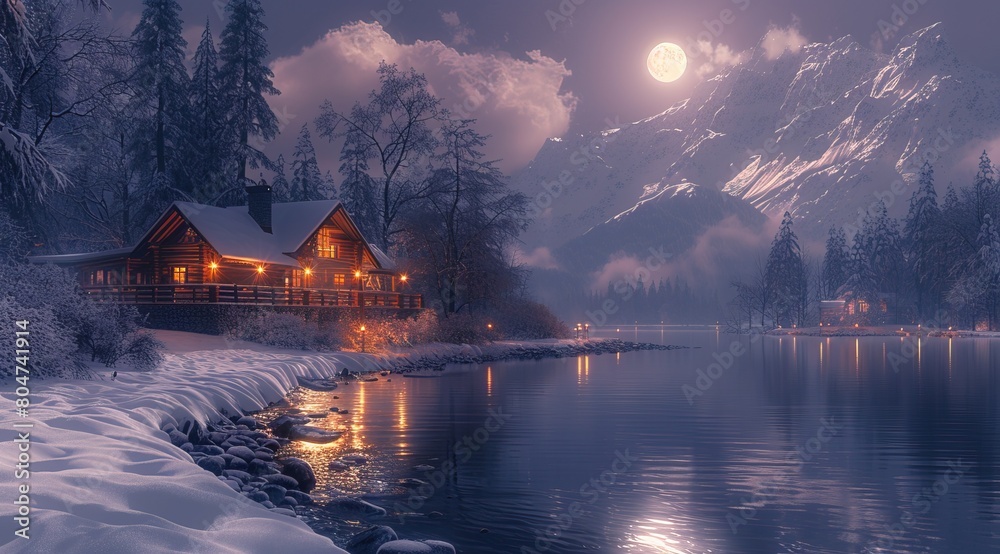 Fototapeta premium A beautiful house in the snow, next to it is an river and mountains with moonlight shining on them, photo realistic,
