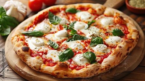 Fresh Homemade Italian Pizza Margherita with buffalo mozzarella and basil . Generative Ai © we3_food