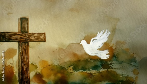 religious religion greeting card concept background watercolor painting illustration of a christian cross with a dove of peace in beige brown colors