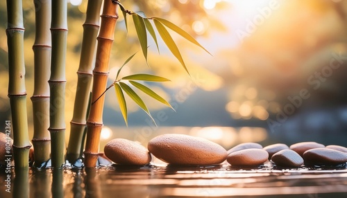 states of mind meditation feng shui relaxation nature zen concept bamboo rocks and water background with copy space nature illuminated with sunlight generative ai