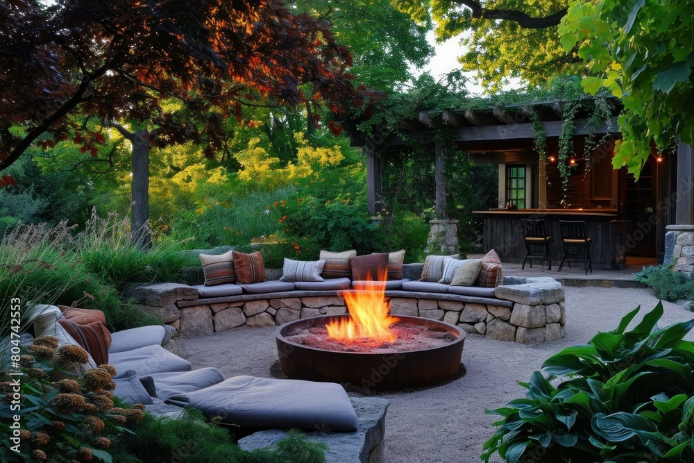 Obraz premium Enchanting Fire pit outdoor. Deck night. Generate Ai