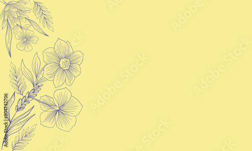 Classic Vintage outline floral seamless pattern. Spring flowers. Blue stroke with light Yellow background. Template design. Space for custom text right side. Space for wishes, content. Editable EPS 10