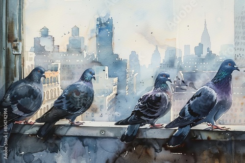 Watercolor of a group of pigeons perched on a window ledge overlooking a bustling city skyline photo