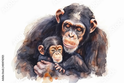 Watercolor of a cute baby chimpanzee in the arms of its mother.