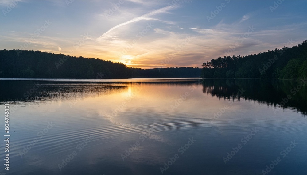 picturesque sunset over a calm lake with colorful reflections on the water