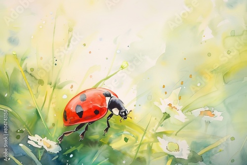 Watercolor painting of a ladybug in spring.