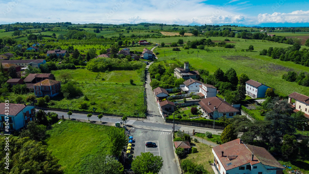 Drone images of Rivarone, a small village between plains and hills, Alessandria, Piedmont, Italy