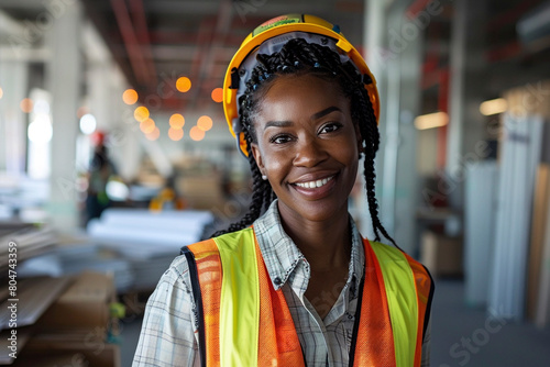 A black Woman in construction gear, vibrant safety vest, confident smile