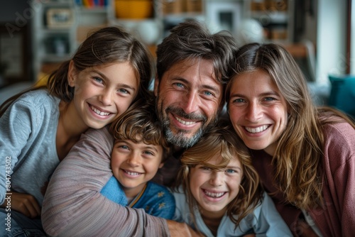 Happy family of five embracing and smiling together at home