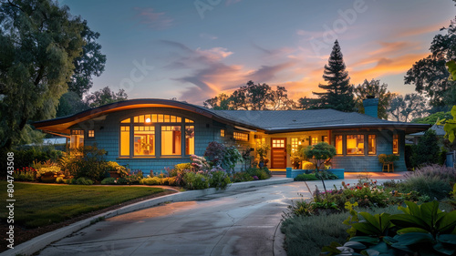 Early morning view of a serene sky blue craftsman cottage with a sweeping curved roof, as the first light of dawn casts a soft glow, awakening the home in a quiet, residential neighborhood. photo