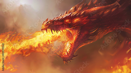 The dragon in this image is a formidable creature, its scales glistening in shades of red and orange