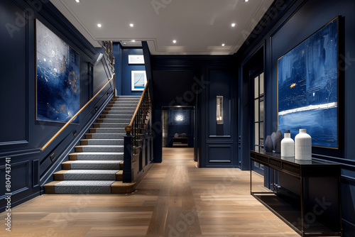 Elegant American entrance hall in deep indigo, showcasing a grand staircase and refined modern art. © Farah