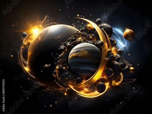 Planets collision Epic electronic powerfull black ehit and gold clours Generative Ai photo
