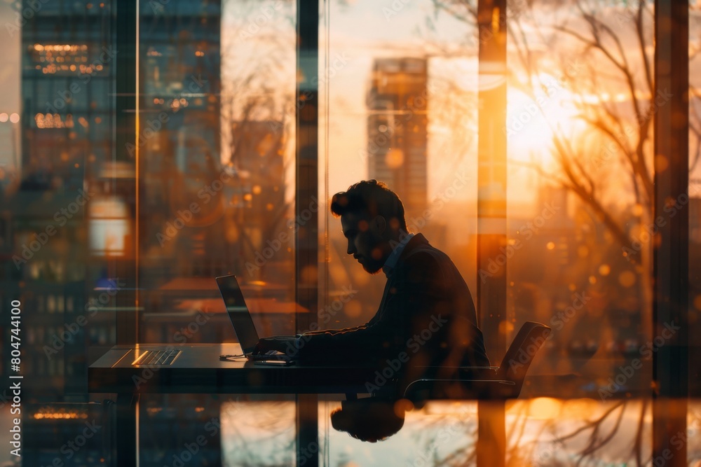 A silhouette of a dedicated professional working on his laptop in a high-rise office as the sun sets in the background A silhouette of a dedicated professional working on his laptop in a high-rise office as the sun sets in the background