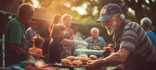 of a veteran flipping burgers at a cookout, wearing a cap with an American flag patch, with family members in the soft-focus background, Memorial Day, Independence Day, with copy s photo