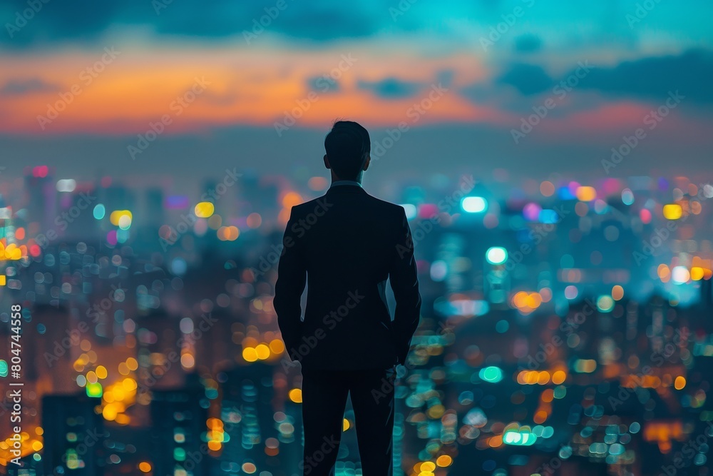 A formally dressed man gazes over the city skyline during twilight, with hues of pink and blue A formally dressed man gazes over the city skyline during twilight, with hues of pink and blue