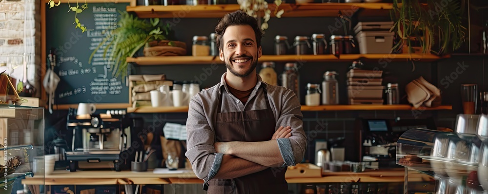 Confident male entrepreneur stands in his well-designed coffee shop, arms crossed Confident male entrepreneur stands in his well-designed coffee shop, arms crossed