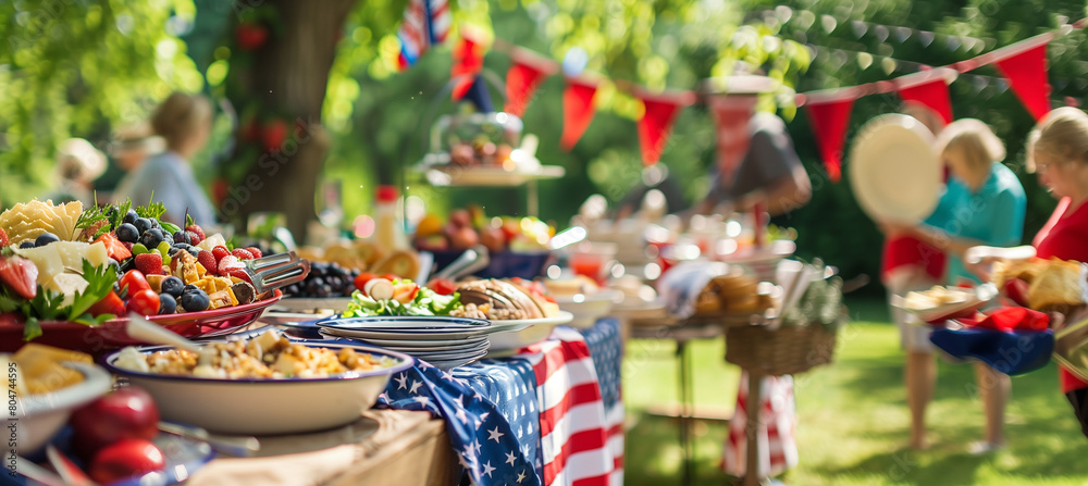showing a table laden with traditional American fare, adorned with red, white, and blue decorations, while guests serve themselves in a festive outdoor setting, Memorial Day, Indep