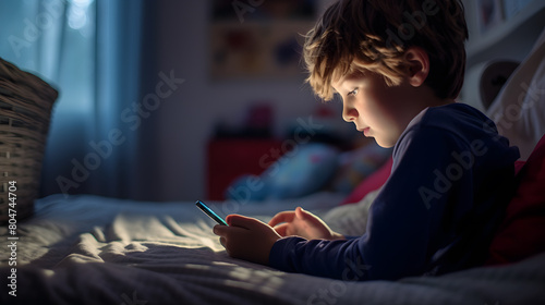 A child using a smartphone lying in bed late at night, playing games, watching videos online, and scrolling the screen. Children's screen addiction. Child's room at night. photo