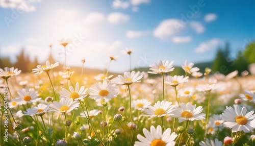 a beautiful sun drenched spring summer meadow natural colorful panoramic landscape with many wild flowers of daisies against blue sky a frame with soft selective focus