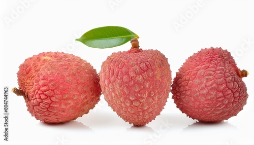 three red lychee with a green leaf on top