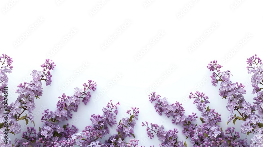 Naklejka premium Lush lilac spring flowers bloom against a backdrop of pure white creating a picturesque scene with plenty of room for text Syringa vulgaris varieties add a touch of charm to the composition