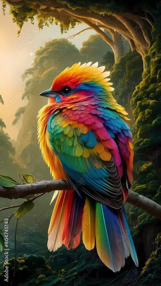 Fototapeta premium A stunning digital painting of a vibrant, multicolored bird perched on a branch