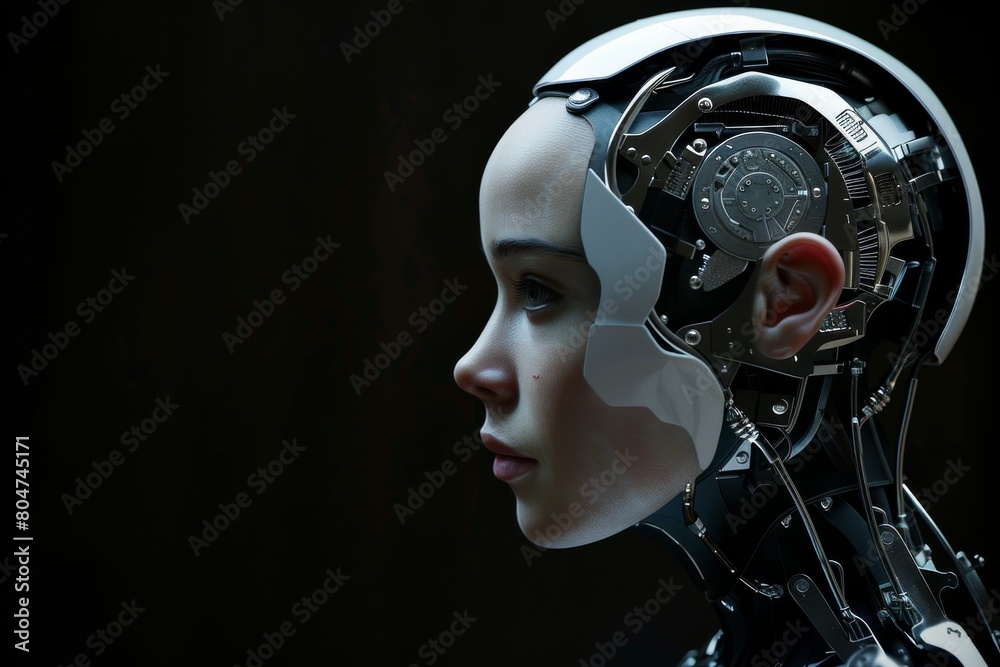A detailed close-up of a robot's head showcasing futuristic design and sophisticated technology concepts A detailed close-up of a robot's head showcasing futuristic design and sophisticated technology concepts