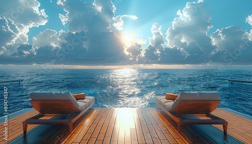 A deck of a luxury cruise ship with sun loungers on the sea background, blue sky and clouds. 