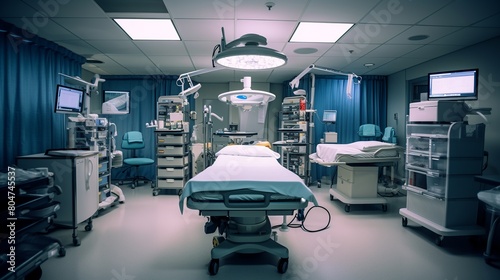 Interior of modern operating room with surgery equipment. Toned image photo
