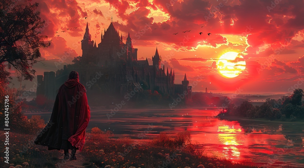 A fantasy castle with sunset, in the digital art style, dark red and light bronze colors