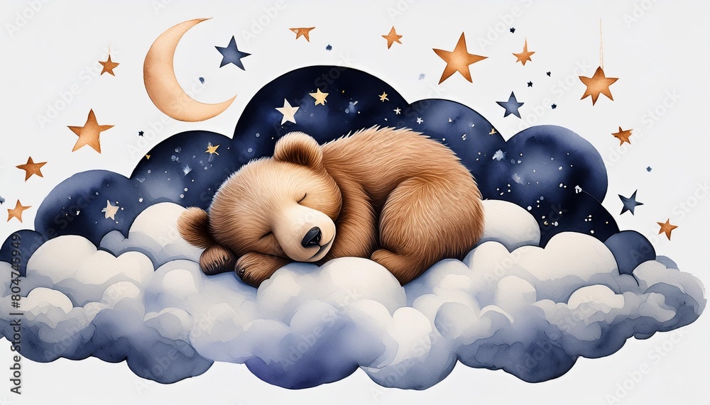 watercolor cute little bear sleeping on clouds with moon and stars png ...