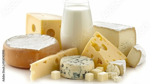 Assorted dairy products including cheese and milk on clean white background for cooking and recipes