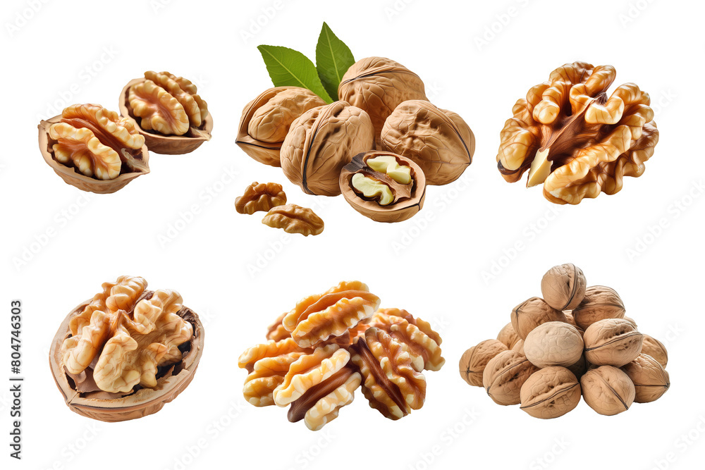 A variety set of walnuts isolated on transparent background A variety set of walnuts isolated on transparent background