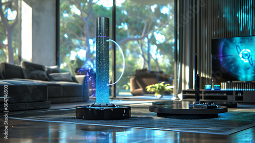 The scene is set in a modern living room with a futuristic touch. A holographic display emerges from a cylindrical device on the floor photo
