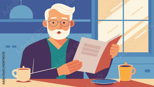 A senior citizen practicing affirmations of gratitude and contentment while enjoying their morning coffee and newspaper..
