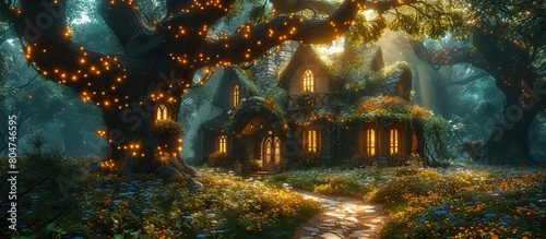 A fantasy forest with giant trees  green leaves and flowers  with magical lights hanging from the trunks of tree 