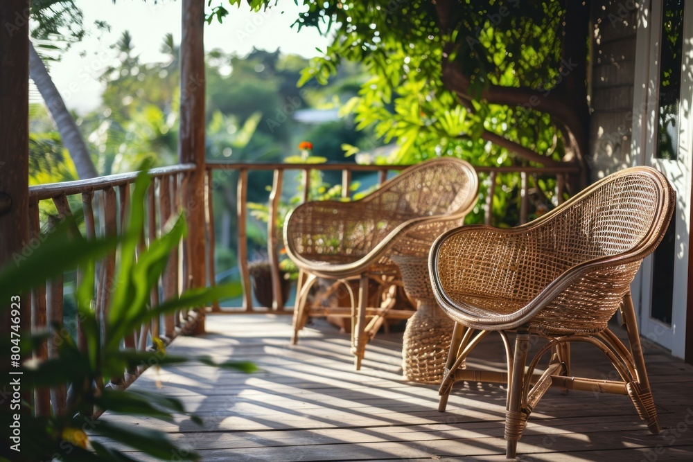 Comfortable Balcony terrace with chairs and natural decoration. Cozy bright patio furniture with green plants. Generate ai