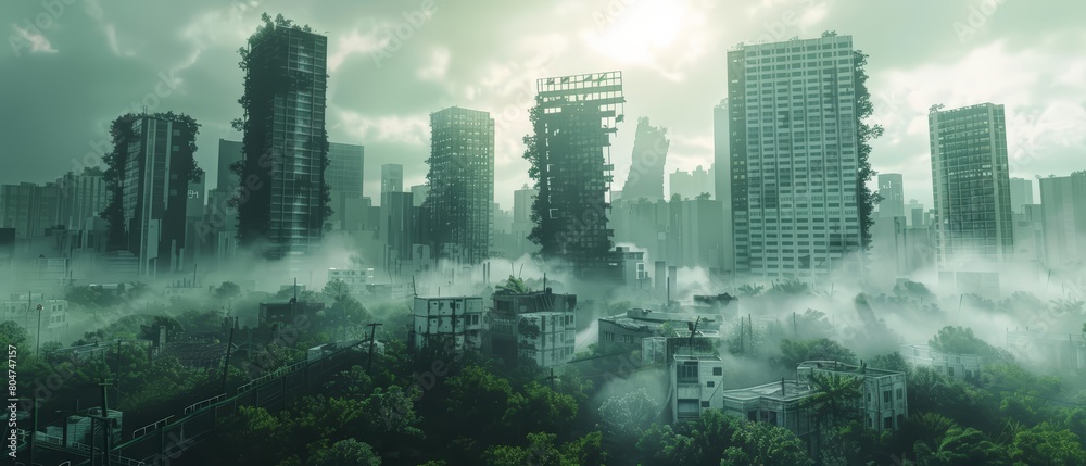 A post-apocalyptic city. The buildings are in ruins. The streets are empty. The air is thick with smoke and dust. The only sound is the wind blowing through the rubble.