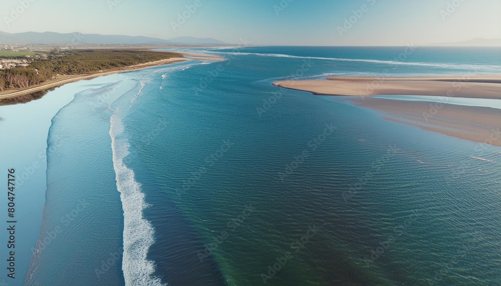 blue waves of water of the river and the sea meet each other during high tide and low tide
