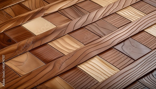 a closeup of a rectangular brown leather texture resembling wood flooring with hints of beige and wood stain the pattern resembles hardwood plywood with various tints and shades