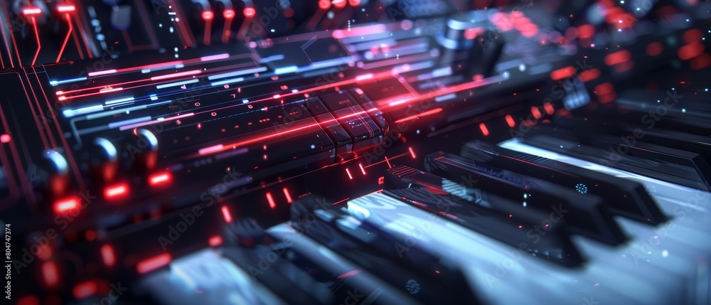 Create a realistic image of the a synthesizer with black and white keys. The body of the synthesizer should be black with red glowing lines. Create a realistic image of the a synthesizer with black and white keys. The body of the synthesizer should be black with red glowing lines.