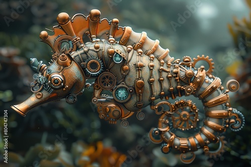 A steampunk style brass and copper seahorse sculpture with gears and rivets.