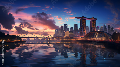 Singapore cityscape at dusk. Landscape of Singapore business building around Marina Bay. Modern high building in business district area at twilight.