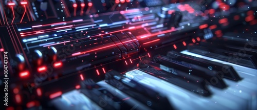 Create a realistic image of the a synthesizer with black and white keys. The body of the synthesizer should be black with red glowing lines. photo