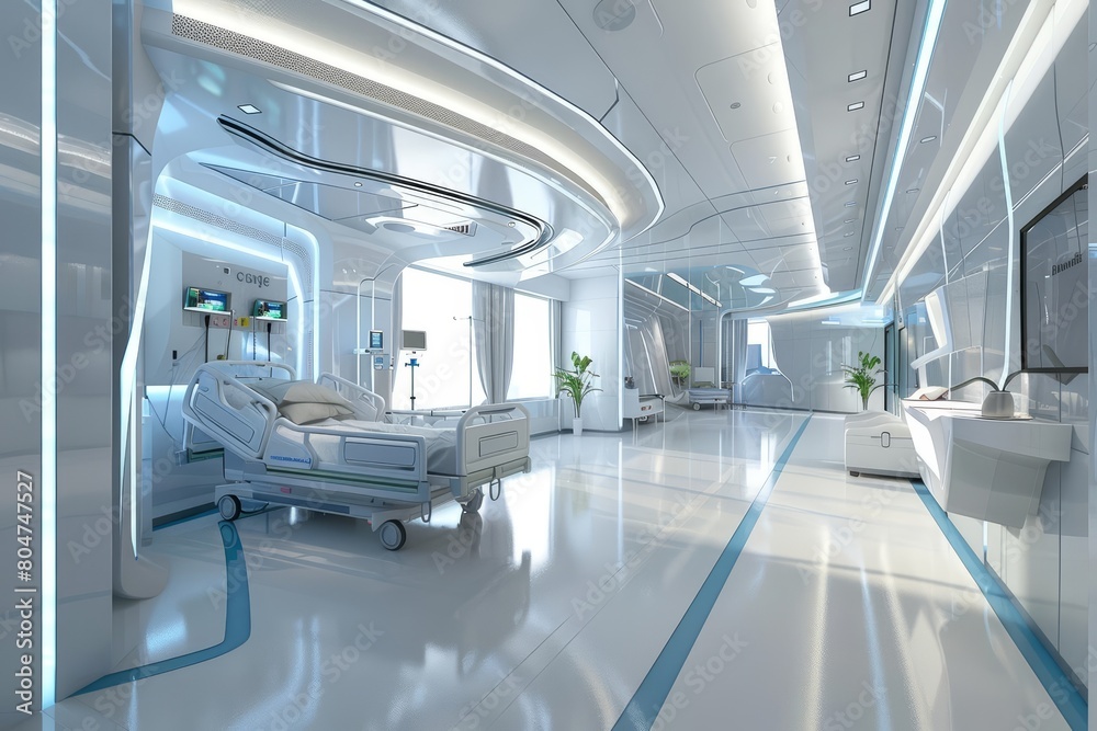 Naklejka premium Design a futuristic hospital room that promotes healing, with soft lighting, calming colors, and nature-inspired elements
